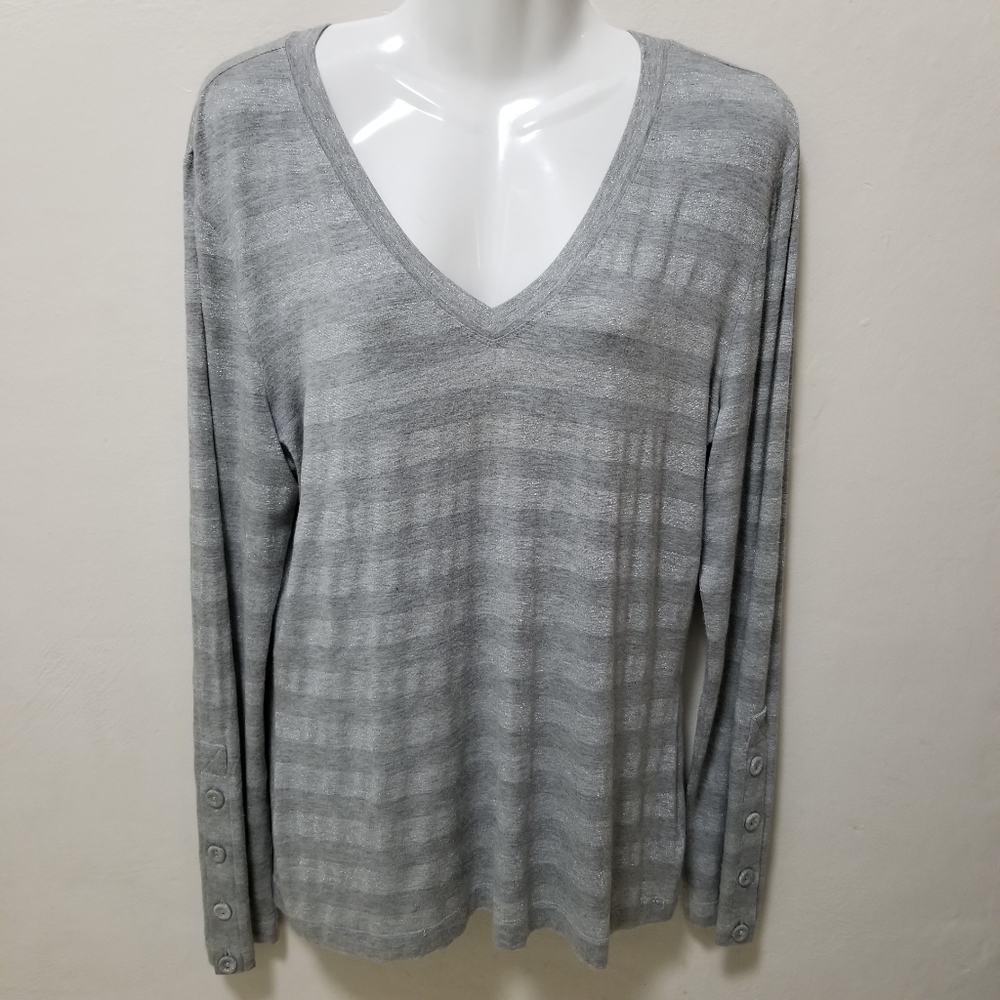 St John Top Heather Gray Stretch Jersey Silver Metallic Striped Shimmer V-Neck L